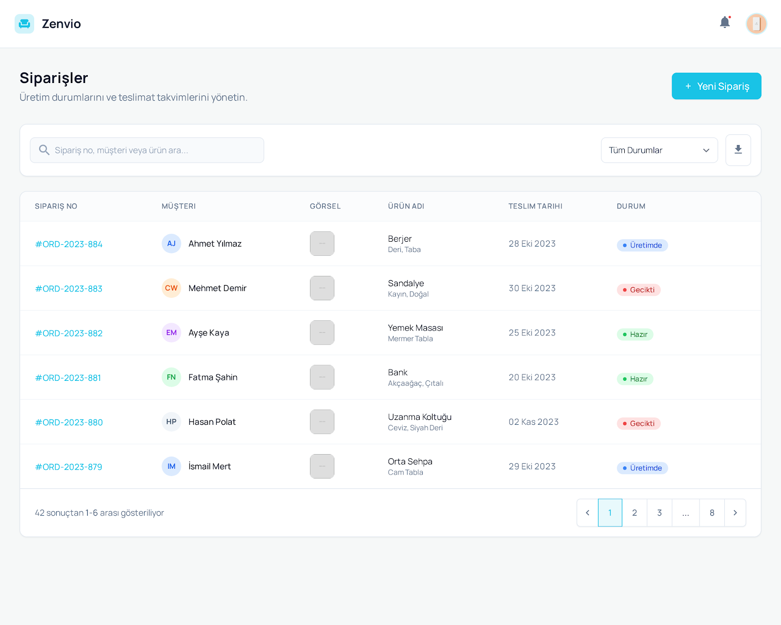 Zenvio - Sipariş Listesi ve Takip Ekranı
